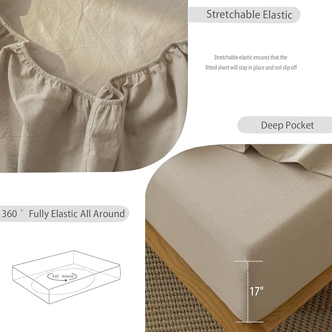 MooMee Bedding Sheet Set 100% Washed Cotton Linen Like Textured Breathable Durable Soft Comfy (Solid Mocha Brown, Full)
