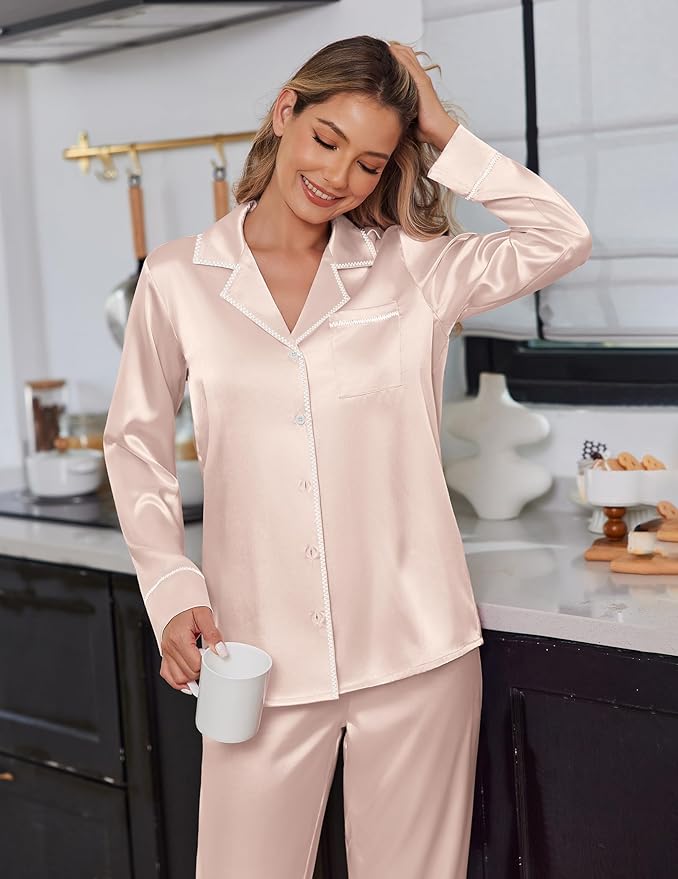 Ekouaer Satin Pajama Set for Women Silky Sleepwear Long Sleeve Top and Pants Button Down Pjs Lounge Set