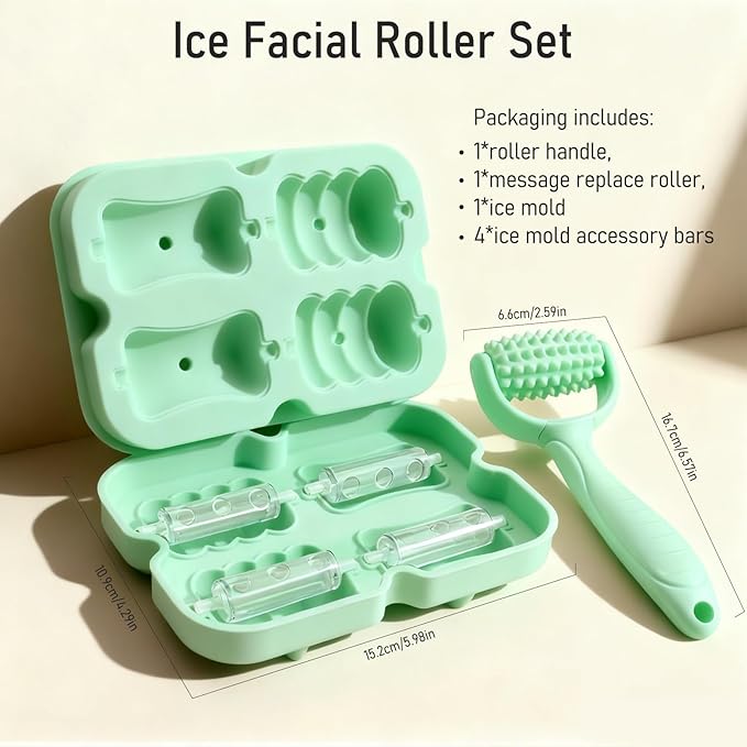 Ice Roller for Face Women Replaceble Rollers + Reusable 2 in 1 Silicone Facial Eyes Ice Cube Mold Set, Body Message Stick Holder for Reduce Puffiness Relief Shrink Pores Anti Wrinkle Skin Care, Green