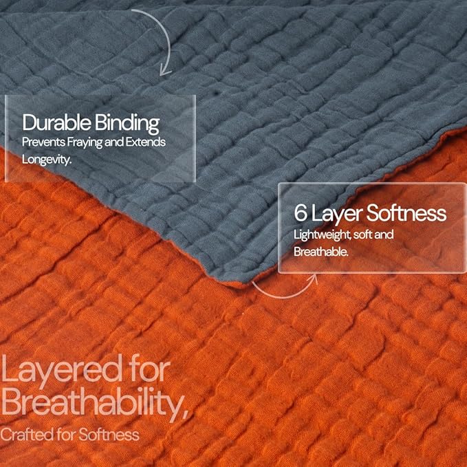 Salt Earth 100% Cotton Muslin Blanket, Gauze 55"X75" Twin, 6 Layered for Couch, Bed, Living Room, Home, Lightweight & All Season Blankets & Throws, Easy wash, Skin Friendly (Picante/Dark Slate)