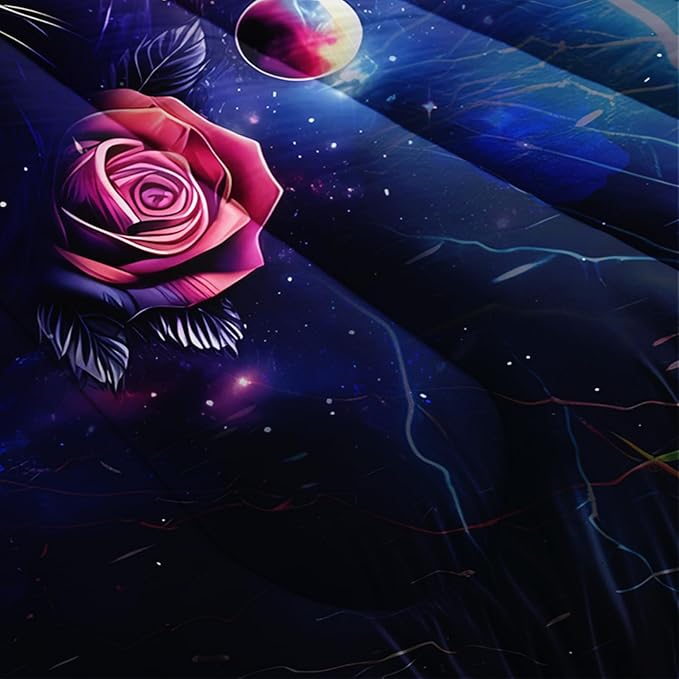 Black and Red Galaxy Roses Lion Comforter Set Queen Size，Queen Size Bedding Set Animal Print，Jungle Animal Bedroom Decor，with 1 Comforter with 2 Pillow Case