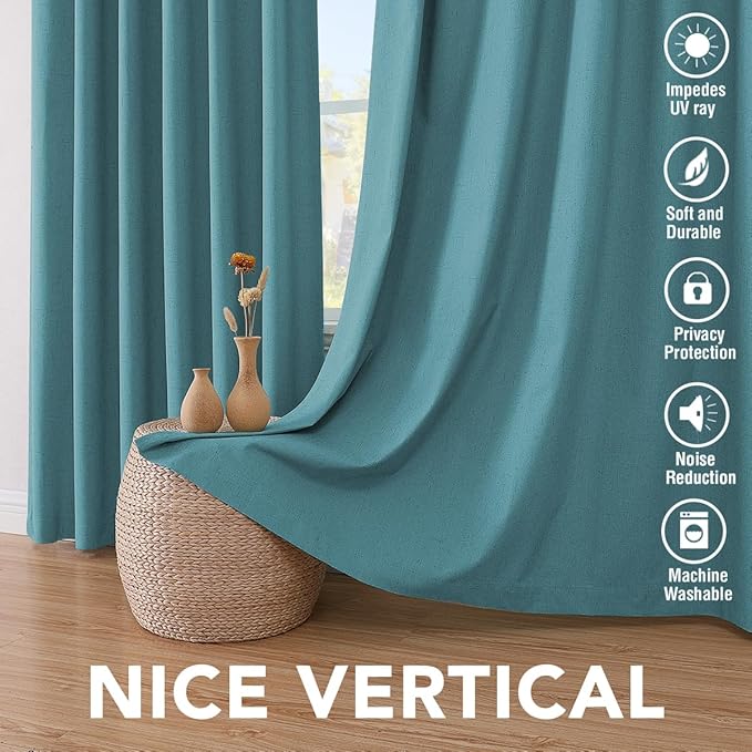 H.VERSAILTEX Linen Blackout Curtains 96 Inches Long 100% Absolutely Blackout Thermal Insulated Textured Linen Look Curtain Draperies Anti-Rust Grommet, Energy Saving with White Liner, 2 Panels, Teal