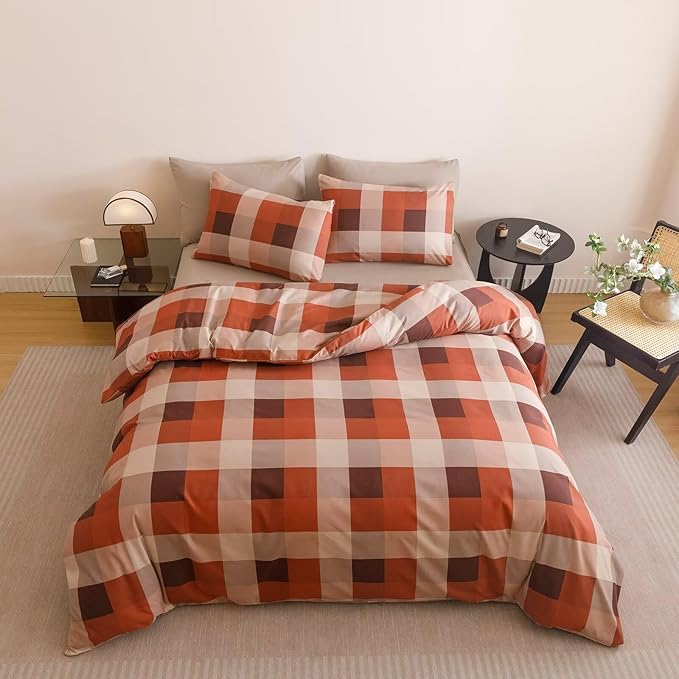 Cottonight Checkered Red Comforter Set Cal King Gingham Grid Bedding Set Red and Khaki Grid Comforter Fluffy Soft Blanket Quilts Modern Cottagecore Comforter California King Bed