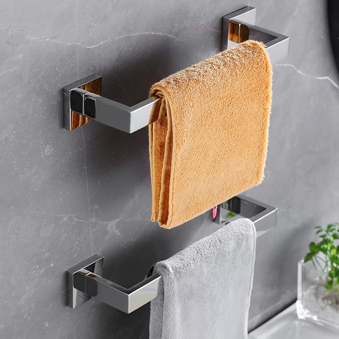 LANC 12-Inche 2-Pack Bathroom Towel Bars,Silver Kitchen Bath Accessories Total-14 Square Towel Rack Heavy Duty Chrome Polished Stainless Steel Wall Mounted Modern Towel Holder,A8804-3CP