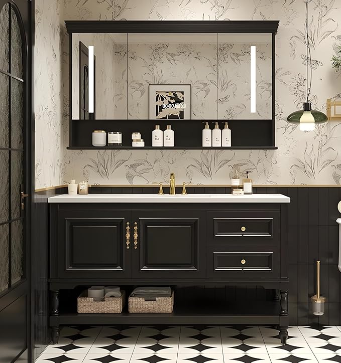 32" Bathroom Vanity with Sink,Freestanding Bathroom Vanity Large Storage Cabinet & Open Mirror Cabinet,2 Soft Closing Doors and 2 Drawers Solid Wood Luxury Bathroom Vanities Set,Black
