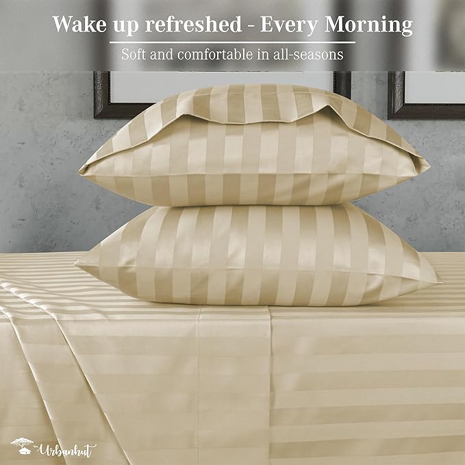 URBANHUT 1000 Thread Count Damask Striped Queen Size Egyptian Cotton Sheets, Long Staple Soft & Breathable, 4 Pc Bed Sheet Sets, Luxury Hotel Sateen Sheets Fits 16" Deep Pocket - Sand