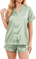 Women's Comfy Satin Pajamas - Soft Button-Up Shirt & Ruffled Adjustable Drawstring Shorts - Elegant Sliky Pjs