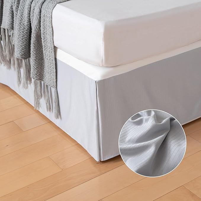 Queen Bed Skirt, Grid Plaid Soft Quadruple Pleated Ruffle Bed Skirt, Tailored Dust Ruffle 18 Inch Drop Easy Fit, Machine Washable (Silver Grey)