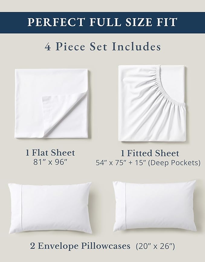 LANE LINEN 100% Organic Mercerized Cotton Pre Washed Full Size Bed Sheets, Soft & Comfy Low Pill Fade Resistance Fully Elasticized Oeko Tex Certified 15" Deep Pocket Full Sheet Set - White