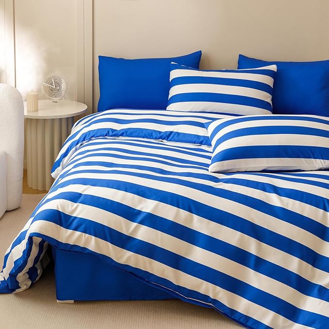 KAREVER Royal Blue White Stripes Comforter Set Twin Size Royal Blue White Stripes Bedding Set 3 PCs Comforter Set Twin Size Fluffy Linen Comforter Sets