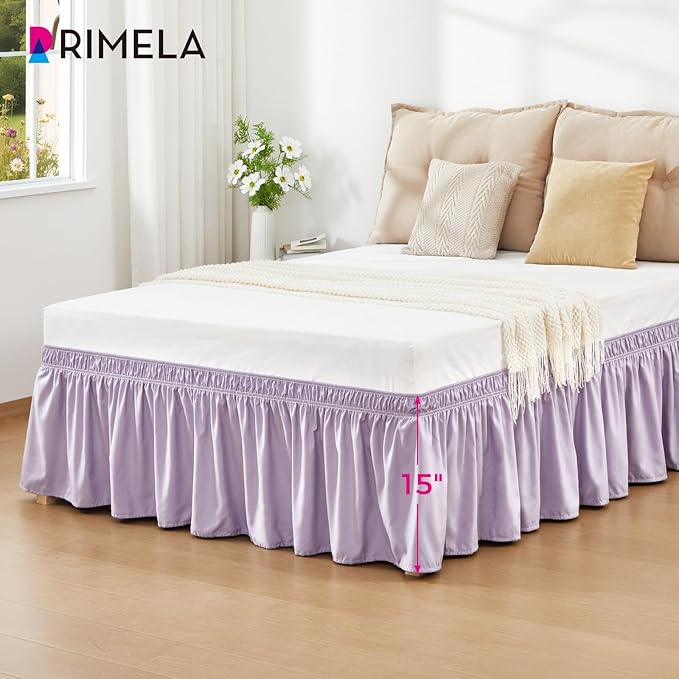 RIMELA Lavender Purple Bed Skirt King Size 15 Inch Drop, Wrap Around Elastic Bedskirt, Dust Ruffle for Adjustable Bed Base Machine Washable Easy to Install Bed Skirts