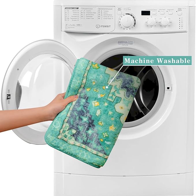 Uphome Boho Retro Bathroom Rugs Green Non-Slip Soft Bath Mat Machine Washable Oriental Small Bath Rug Traditional Tribal Floral Bath Mats for Sink Shower Tub Door Mat, 18x25 inch