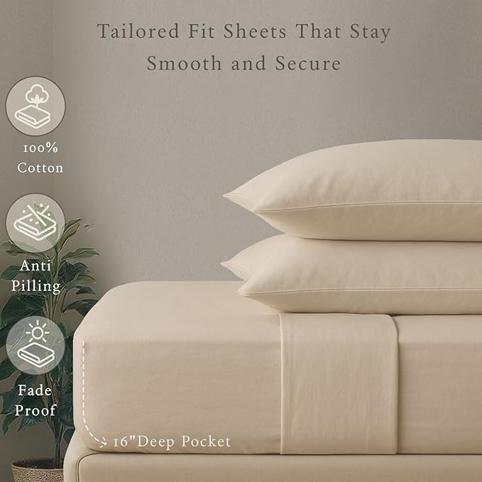 Threadmill - Hotel Luxury Cotton Sheets King Size 100% Cotton, 500 Thread Count Deep Pocket, Snug Fit, Soft & Crisp Cooling Hotel-Quality Bedsheets 4 Piece Set (King, Beige)