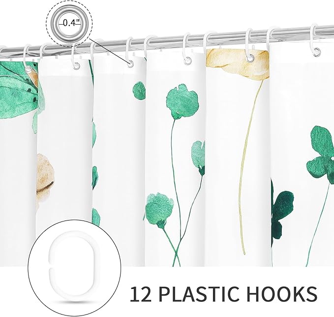 Gibelle Watercolor Floral Shower Curtain, Mint Green Beige Flower Shower Curtain for Bathroom, Modern Minimalist Waterproof Fabric Shower Curtain Set with Hooks 72x72 Inch