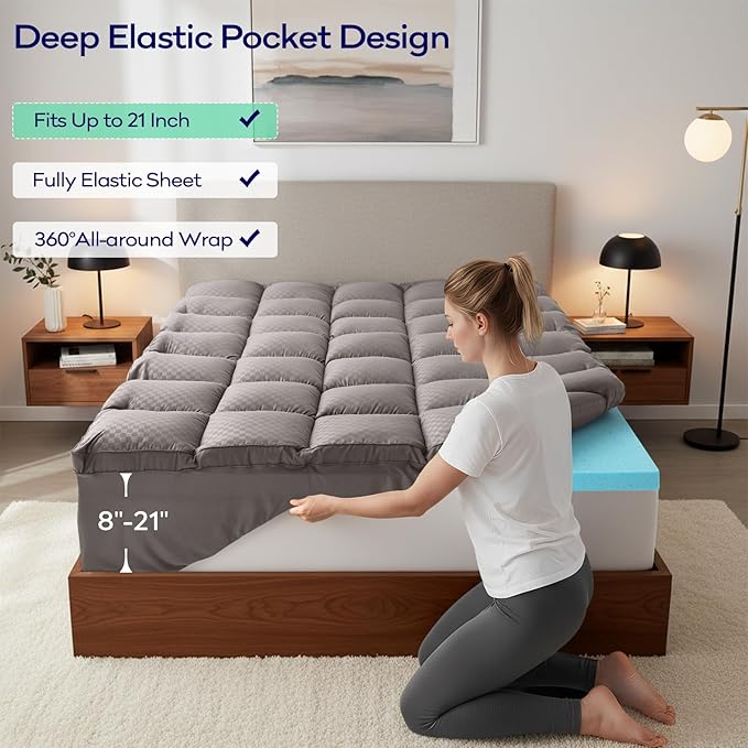 OLANLY Dual-Layer 4 Inch Twin Size Memory Foam Mattress Topper for Back Pain, 2 Inch Cooling Pillow Top Mattress Pad Cover and 2 Inch Gel Memory Foam Topper, Deep Elastic Pocket, Light Grey