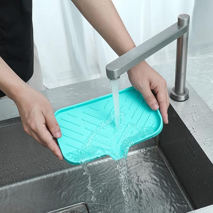 Silicone Bathroom Soap Dishes with Drain Spout-Bathroom and Kitchen Sink Organizer,Sponge Holder,Dish Soap Tray,Perfect for Dispenser,Scrubber,Bottle,Cup on Sink or Counter-Mint 9.6"×5.3"