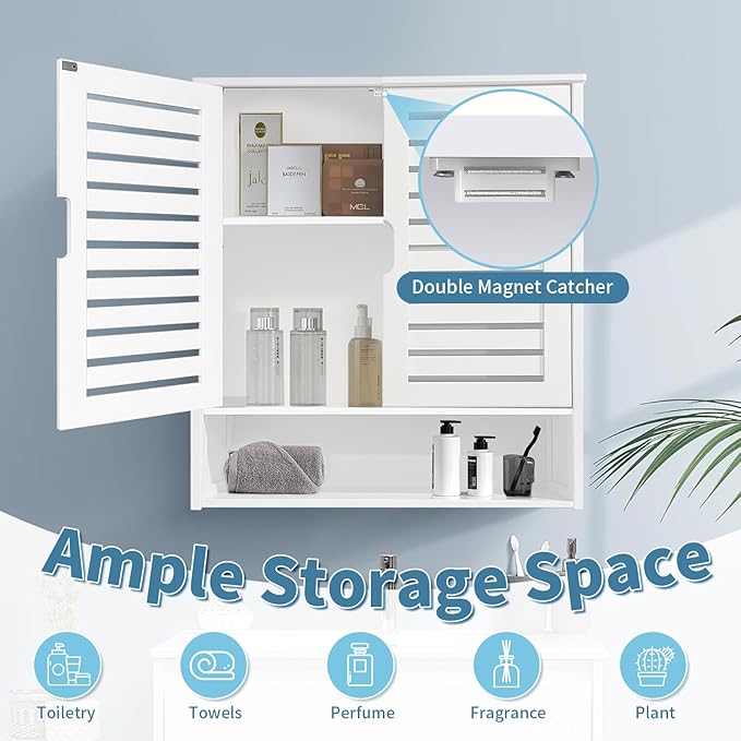 HYNAWIN White Organized Bathroom Storage Cabinet with Lattice Doors,Spacious Storage with Adjustable Shelves for Bathroom or Kitchen Essentials