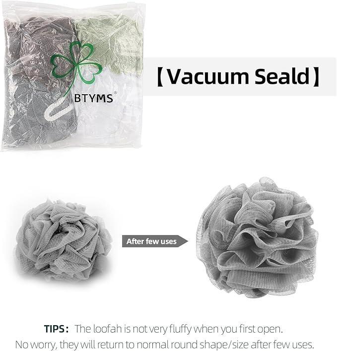 BTYMS 4 Pieces Shower Loofahs Bath Sponges 60g/pcs Mesh Puffs Body Scrub Luffas Bath Scrunchies for Shower Exfoliate