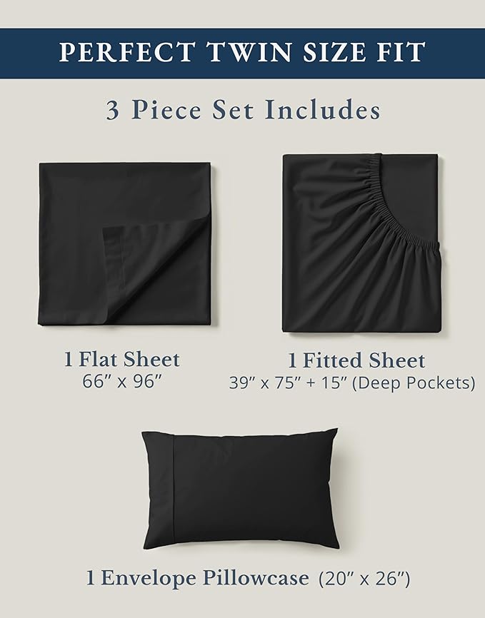 LANE LINEN 100% Organic Cotton Twin Bed Sheet Set, 3 Pc Twin Size Sheets Set, Soft & Breathable Twin Sheet Set Boys, Hotel Style Bedding Sheets & Pillowcases, 15" Deep Fitted Sheet - Black
