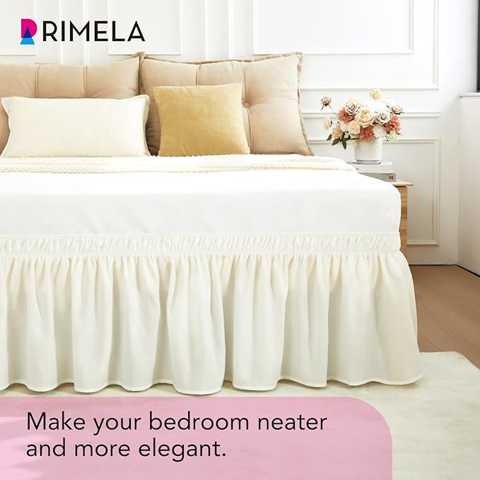 RIMELA Ivory White Bed Skirt Queen Size 12 Inch Drop, Wrap Around Elastic Adjustable Bedskirt, Bed skirting Dust Ruffle for Bed Frame & Box Spring Soft Durable Fabric Machine Washable Easy to Install