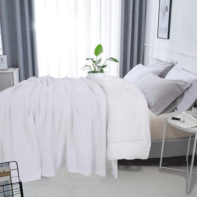 DOLLCENT 100% Cotton Queen Size Blanket for Bed, Premium Soft Combed Lightweight Blankets, Washed Breathable Cozy Bed Throw Blanket, White Queen Cotton Blankets for All Season: White (90"x90")