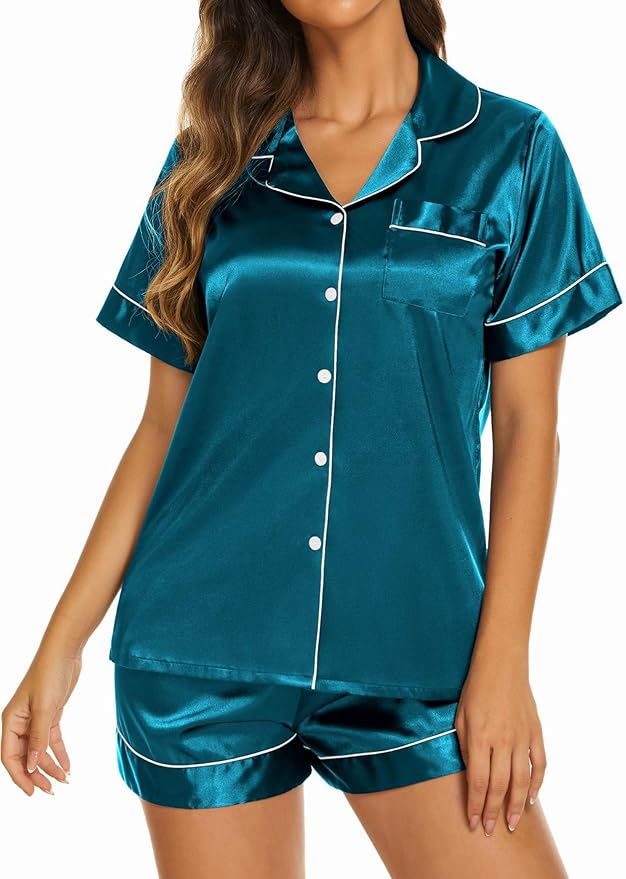 Ekouaer Pajamas for Women Set Silk Satin Pjs Shorts Sleepwear 2 Piece Loungewear S-XXL