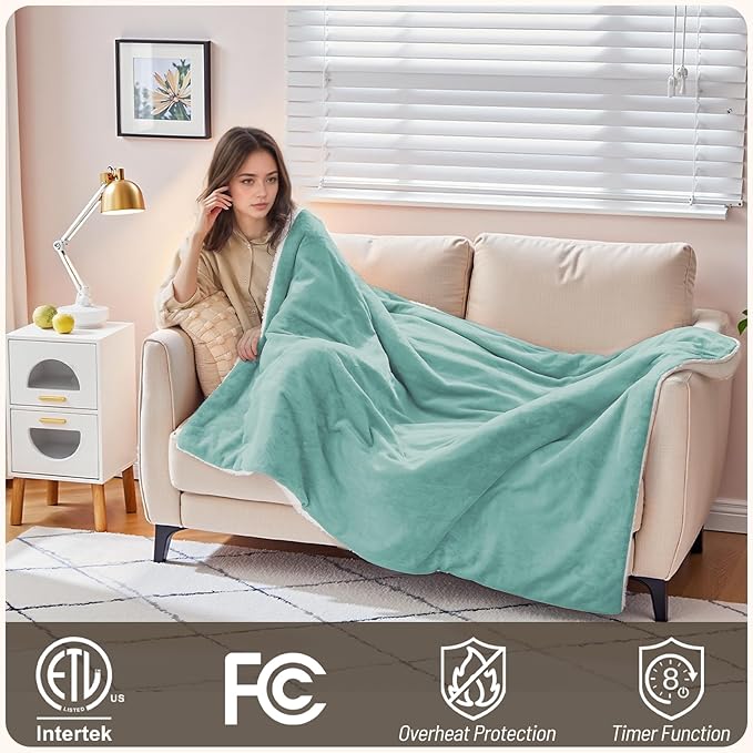 Electric Blanket Twin Size, Soft & Cozy Heated Throw Blanket with 9 Heat Settings & 2-10 Hours Auto Off, Fast Heating & Overheat Protection, Machine Washable - 62"x84" Green