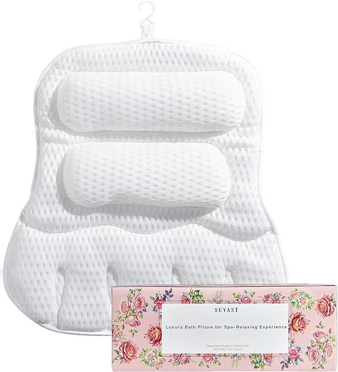 Luxury Bath Pillow for Tub, Dual Headrest & Back Support, 4D Air Mesh Quick-Dry Cushion, 10 Strong Suction Cups, Extra-Large Spa Bathtub Pillow Gift for Women(White)
