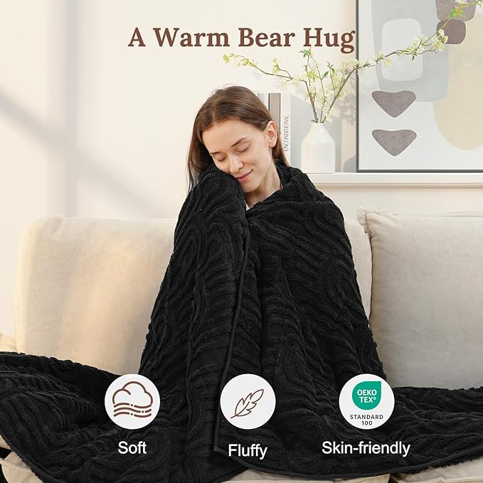 Sherpa Fleece Adult Weighted Blanket Great for Sleep, 20 lbs Dual Sided Soft Fuzzy Heavy Blankets for Couch Bed Sofa, Cozy Warm Fluffy Arched Jacquard Throw for Winter (Black, 60" x 80", 20 Pounds)
