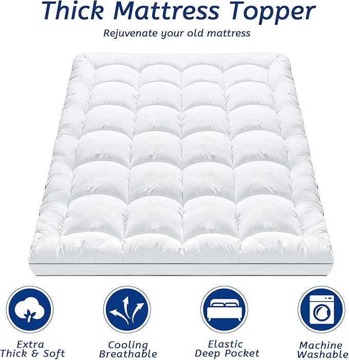 Twin Size Mattress Topper for Back Pain, Cooling Extra Thick Mattress Pad Cover with 8-21 inch Deep Pocket, Plush Pillow Top Mattress Topper Overfilled with Down Alternative, Twin Size, White