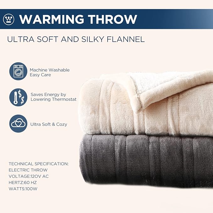 Westinghouse Electric Blanket Twin, Heated Blanket Twin Size with 10 Heating Levels and 1 to 12 Hours Heating Time Settings, Flannel to Sherpa Reversible, Machine Washable (62" x 84", Charcoal)