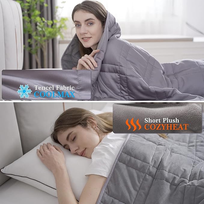 OMYSTYLE 15lb Weighted Blanket Queen Size(80''x87'', Double-Sided), Warm Short Plush and Cool Tencel Fabric Reversible Weighted Blanket for Adult - Carry Bag Included