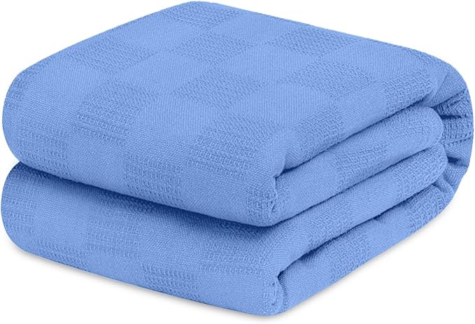 Avalon Bedding 100% Cotton Blankets King Size Thermal Blanket (108"x90") - Perfect Cotton Blanket King Size for Layering Bed in Any Season - Cotton Blankets for Bed (Blue)