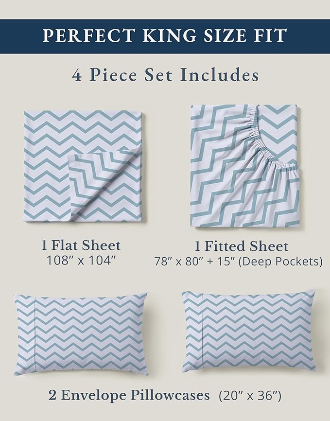 LANE LINEN 100% Organic Cotton Printed King Sheets, Soft & Comfy Percale Sheets Naturally Temperature Regulating Mercerized Cotton Fully Elasticized Printed King Bedding Set-Chevron
