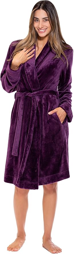 Turquaz Robes For Women, Womens Fleece Shawl Collar Soft Plush Knee Length Spa Robe