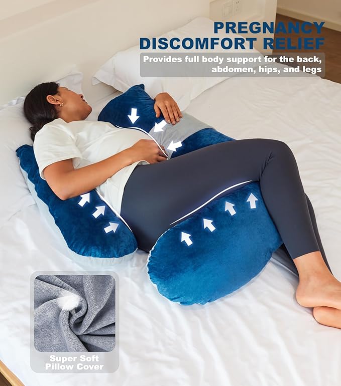 Pregnancy Pillow, Soft Maternity Pillow with Detachable & Adjustable Pillow Cover, Full Body Pillow for Adults Sleeping, Support for Back, Belly, Legs, HIPS Grey and Blue