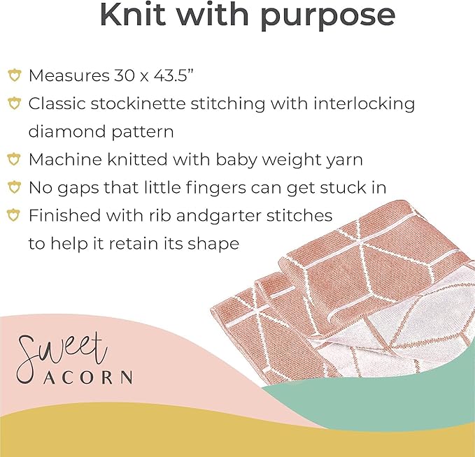 Knit Baby Blanket in Geometric Pattern, Organic Cotton Blankets for Crib or Stroller, Receiving Blankets - Dahlia Pink