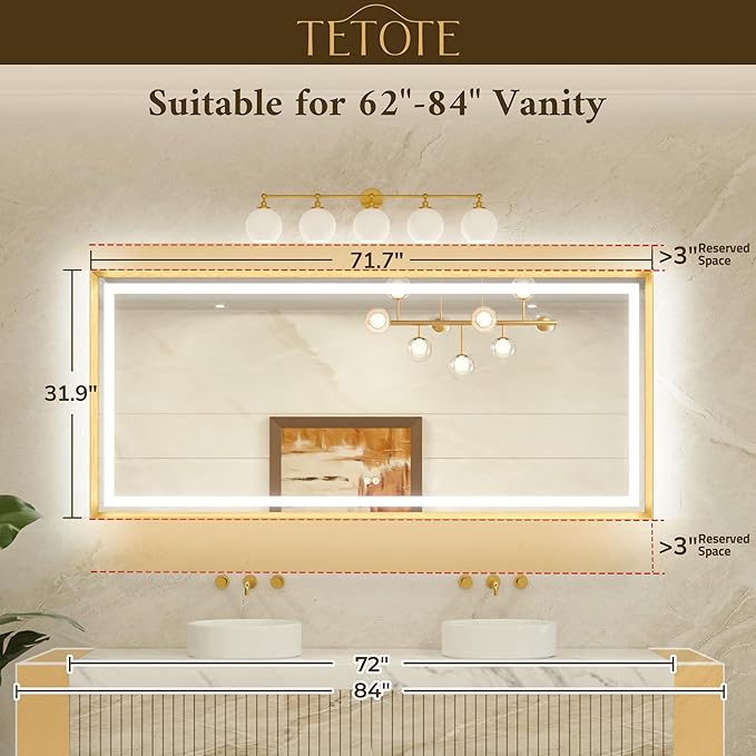 TETOTE 72 x 32 Large Bathroom Mirror Brushed Gold Metal Frame Frontlit & Backlit Vanity Mirror 3 Colors White/Warm/Natural Stepless Dimmable Anti-Fog Bathroom Mirrors for Vanity Wall-Mounted