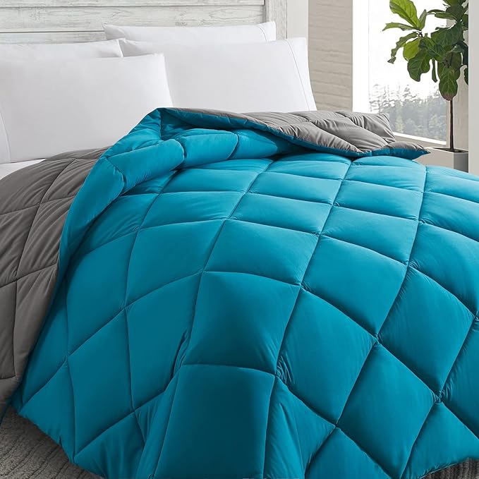 Cosybay Down Alternative Comforter (Algiers Blue/Dark Grey, King) - All Season Soft Quilted King Size Bed Comforter - Duvet Insert with Corner Tabs -Winter Summer Warm Fluffy, 102x90 inches