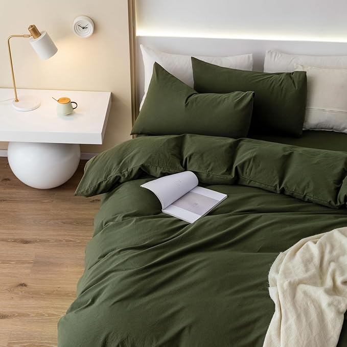 JIYUAN 100% Washed Cotton Duvet Cover Set 3 Pieces Alaska King, 1 Duvet Cover 132x120 Inches(Comforter Not Included) and 2 Pillowcases,Linen Feel Bedding Set Comfy and Breathable,Olive Green