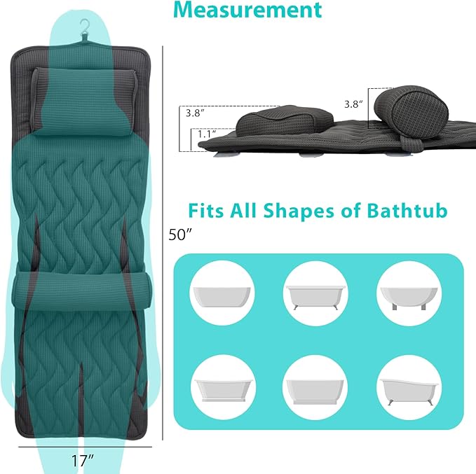 AEROiVi Full Body Bath Pillow with Adjustable Lumbar Roll Pillow Bathtub Cushion with 14 Suction Cups 3D Air Mesh Fit Any Tub Gray Bathroom Accessories