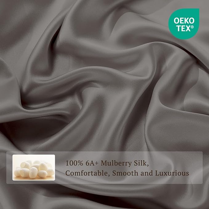 THXSILK 100% Pure Mulberry Silk Duvet Cover Set 3 Piece, 6A+ Grade Luxury Soft Bedding Silk Sheets for Hair and Skin, 1 Pcs Duvet/Quilt/Comforter Cover with 2 Zippered Pillowcases (Charcoal, Full)