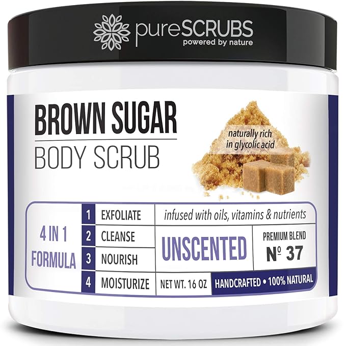 pureSCRUBS Premium Unscented Brown Sugar Body Scrub | Large 16oz Jar | Face, Feet & Full Body Scrub | Includes Wooden Spoon, Loofah & Mini Exfoliating Bar Soap
