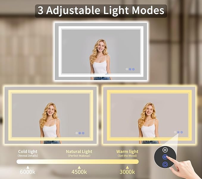 36"x55" LED Bathroom Mirror with Lights, Anti-Fog, Backlit + Front Lit, Dimmable, Led Vanity Mirror for Wall, Lighted Bathroom Mirror, 3 Colors, Shatter-Proof Tempered Glass