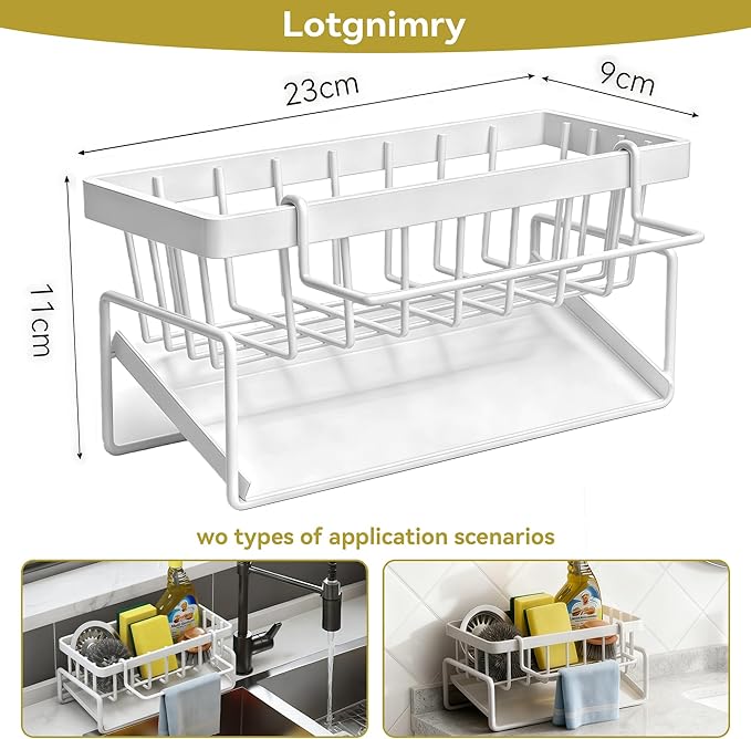Sponge Holder for Kitchen, Sink Caddy Organizer Rack for Kitchen Accessories, Soap Dispenser Countertop Organizer Essentials for Home (White)