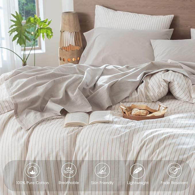 MooMee Bedding Sheet Set 100% Washed Cotton Linen Like Textured Breathable Durable Soft Comfy (Solid Light Tan, Queen)