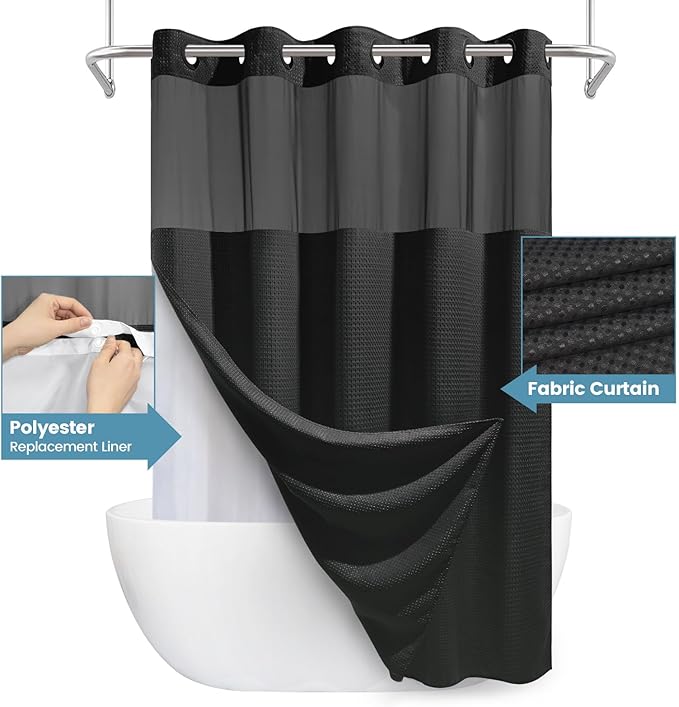 Black Shower Curtain with Liner - 230GSM Waffle Textured Heavy Duty Shower Curtains for Bathroom,71W x 74H