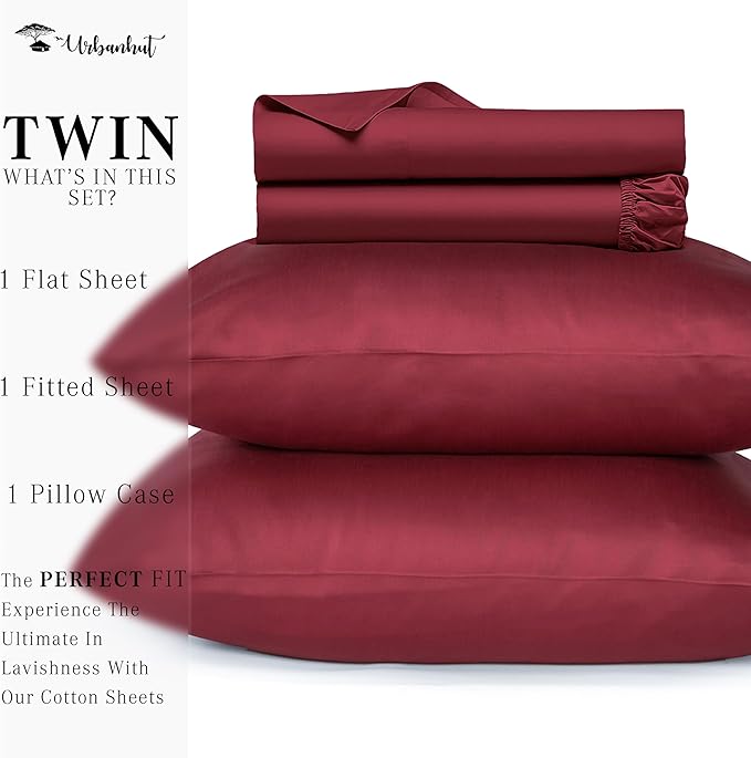 URBANHUT 1000 Thread Count Twin Bed Sheets Egyptian Cotton Sheet Set, Long Staple Soft & Breathable, 3 Pc Bed Sheet Sets, Luxury Hotel Sateen Sheets Fits 16" Deep Pocket - Burgundy