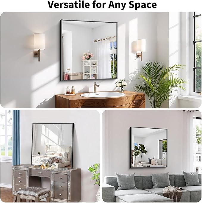 Koonmi Black Framed Bathroom Mirror - Shatterproof 32"x28" Tempered Glass, HD No Distortion, Horizontal/Vertical Mount, Modern Matte Aluminum Alloy Frame