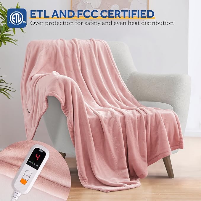 Sealy Heated Blanket Electric Throw 50"x60", Soft Double Flannel Electric Blanket with 6 Heat Levels & 2-10 Hours Auto Shut Off, Machine Washable, Even Heat Distribution, Pink